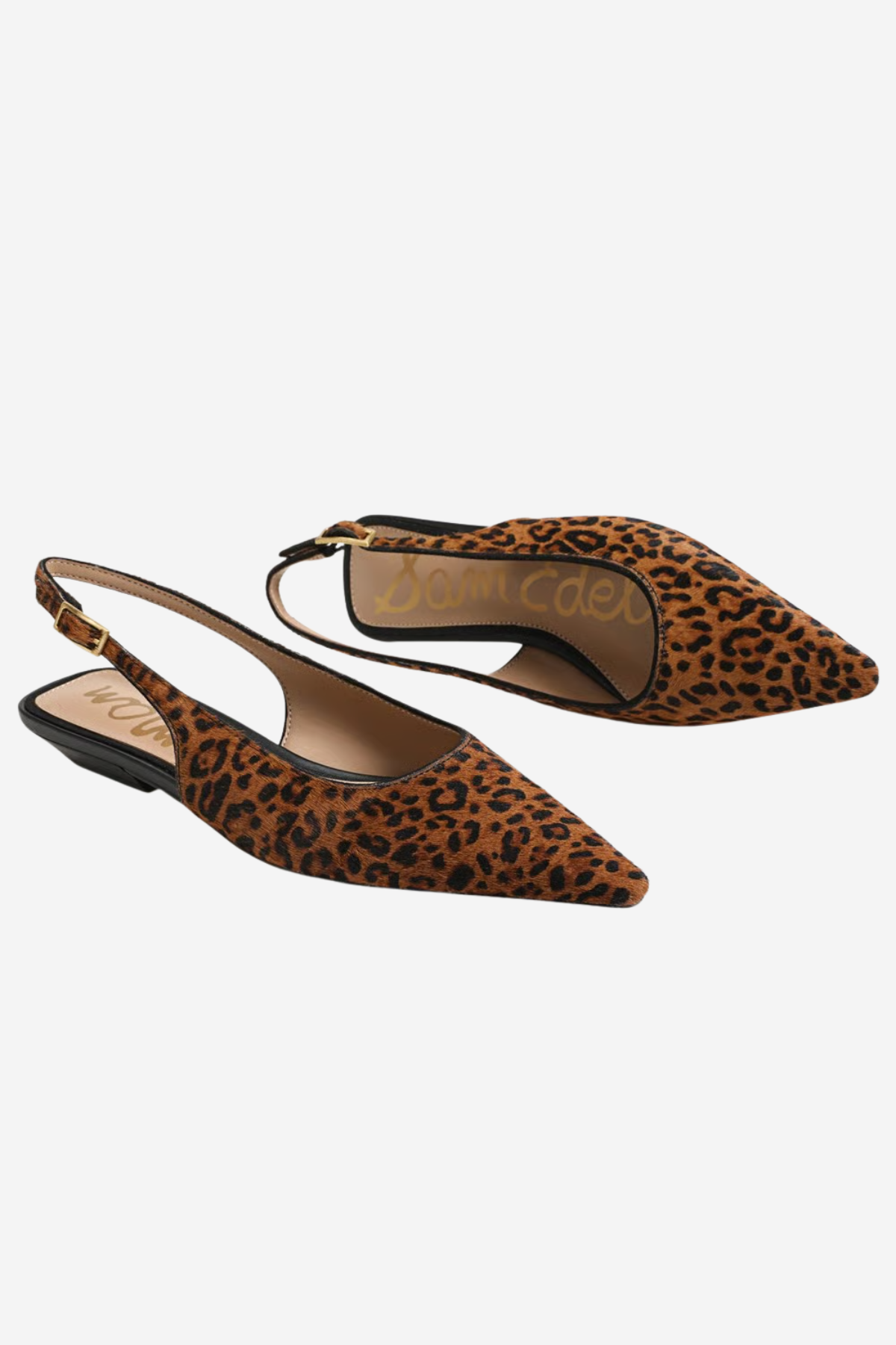 A pair of pointed-toe slingback flats in brown and black leopard print, shown on a light gray background. The brand name 'SOMMER CAESAR' is visible on the insole.