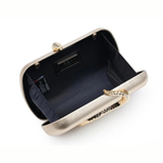 A metallic champagne gold clutch bag with a black interior lining and a gold chain handle, shown open on a white background.