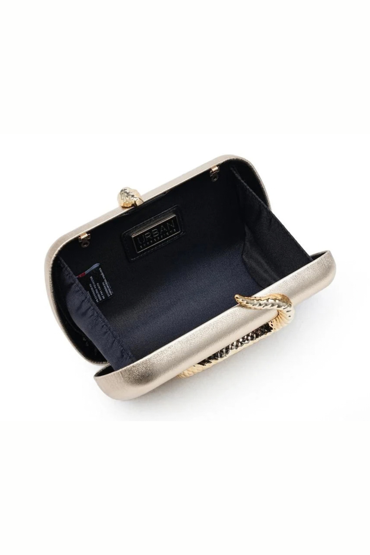 A metallic champagne gold clutch bag with a black interior lining and a gold chain handle, shown open on a white background.