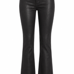 Black faux leather flare jeans with a high waist and a button closure, shown against a plain white background.