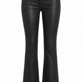 Black faux leather flare jeans with a high waist and a button closure, shown against a plain white background.