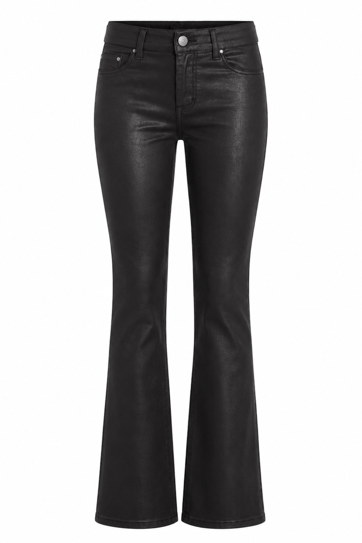 Black faux leather flare jeans with a high waist and a button closure, shown against a plain white background.
