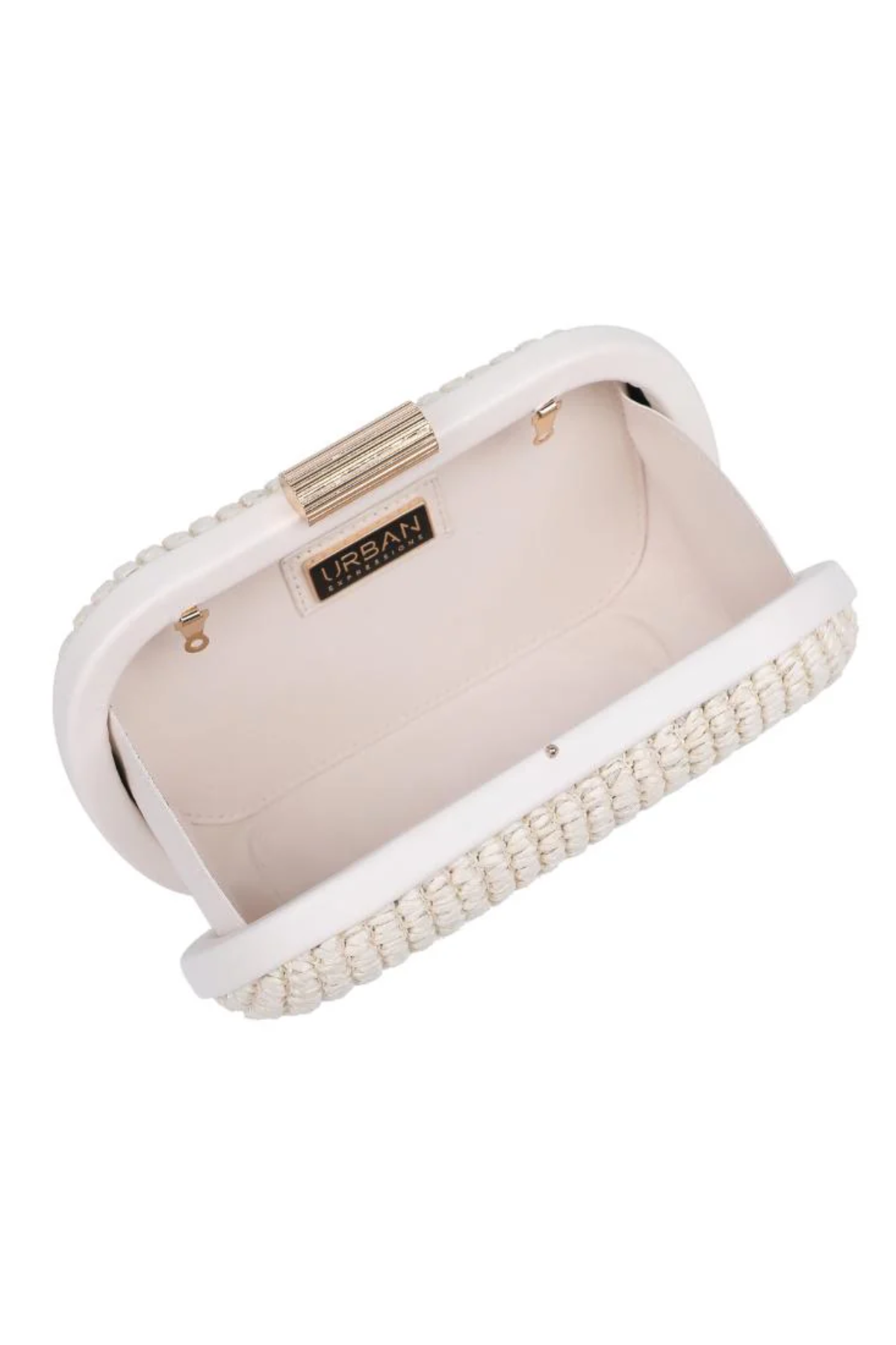 Beige clutch with pearl detailing on a white background