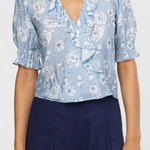 Woman wearing a blue floral blouse and navy shorts on a white background