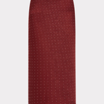 A dark red skirt with a small white geometric pattern, shown flat against a light gray background.
