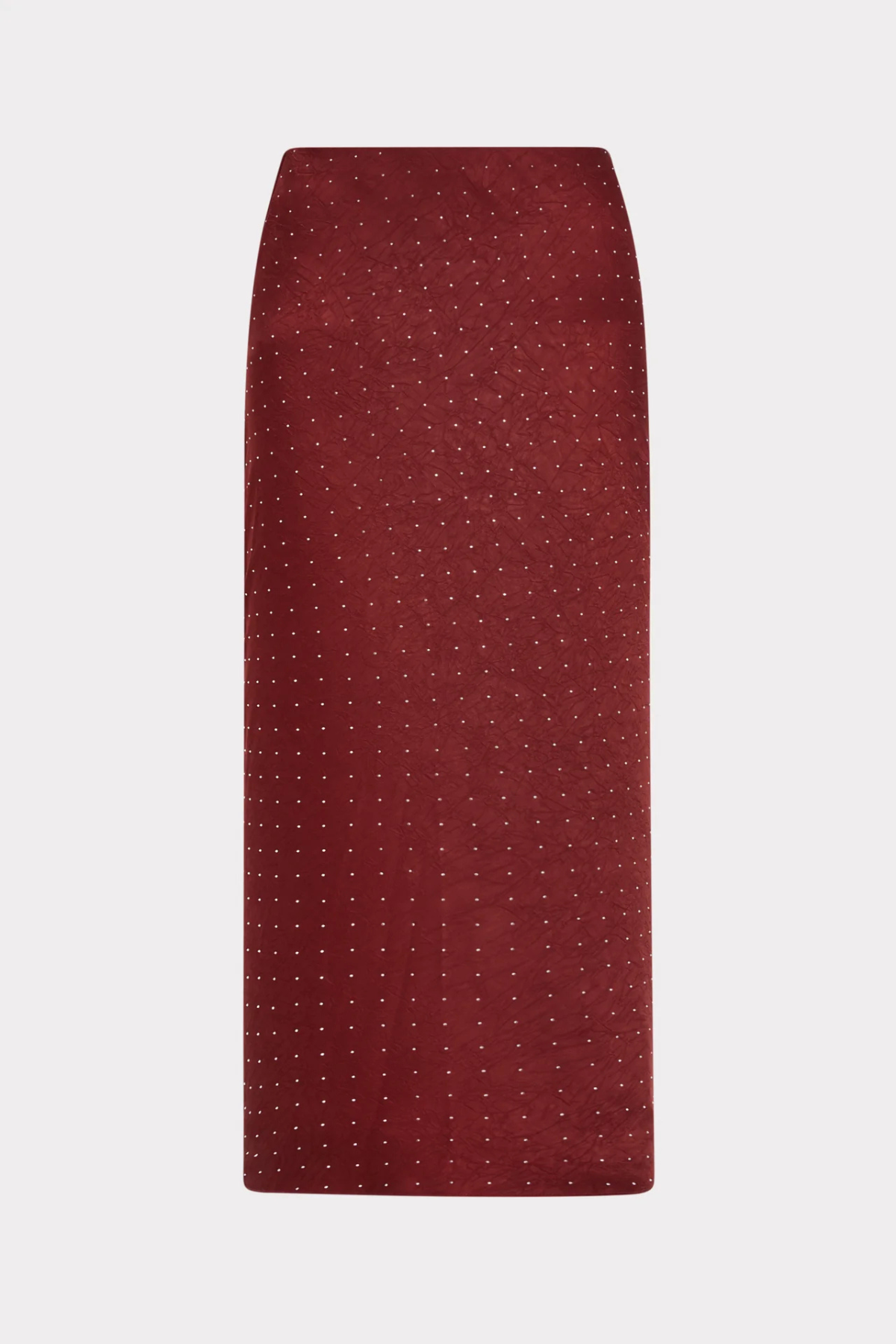 A dark red skirt with a small white geometric pattern, shown flat against a light gray background.