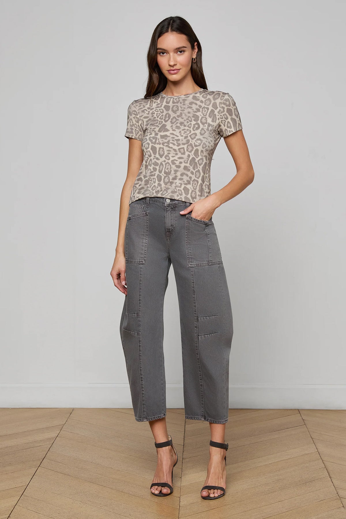 Short-sleeve crewneck top with patch-style leopard print