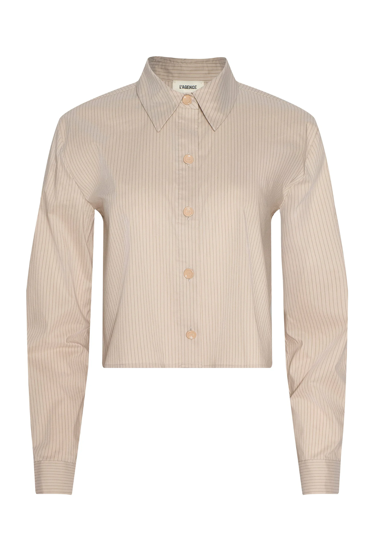 striped button down long sleeve top on white background 