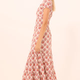 Printed midi dress with a flowing silhouette, styled for everyday wear.