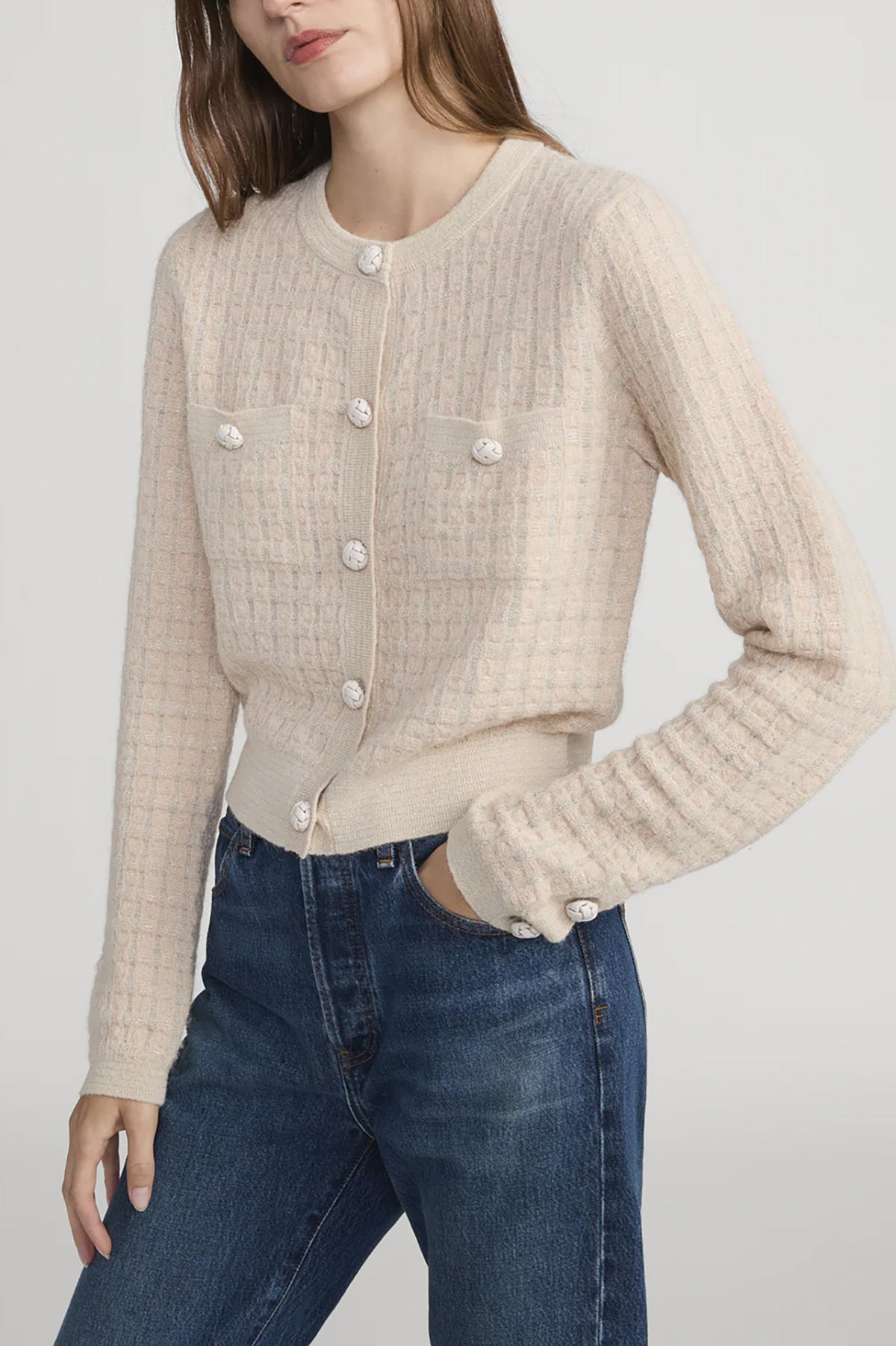 Check-pattern cardigan with subtle lurex shimmer, worn open over a neutral top