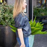 Navy Puff Sleeve Leather Top