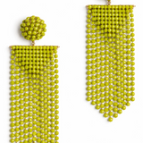 A pair of bright lime green beaded statement earrings with spherical studs and long cascading fringe, displayed on a clean white background.