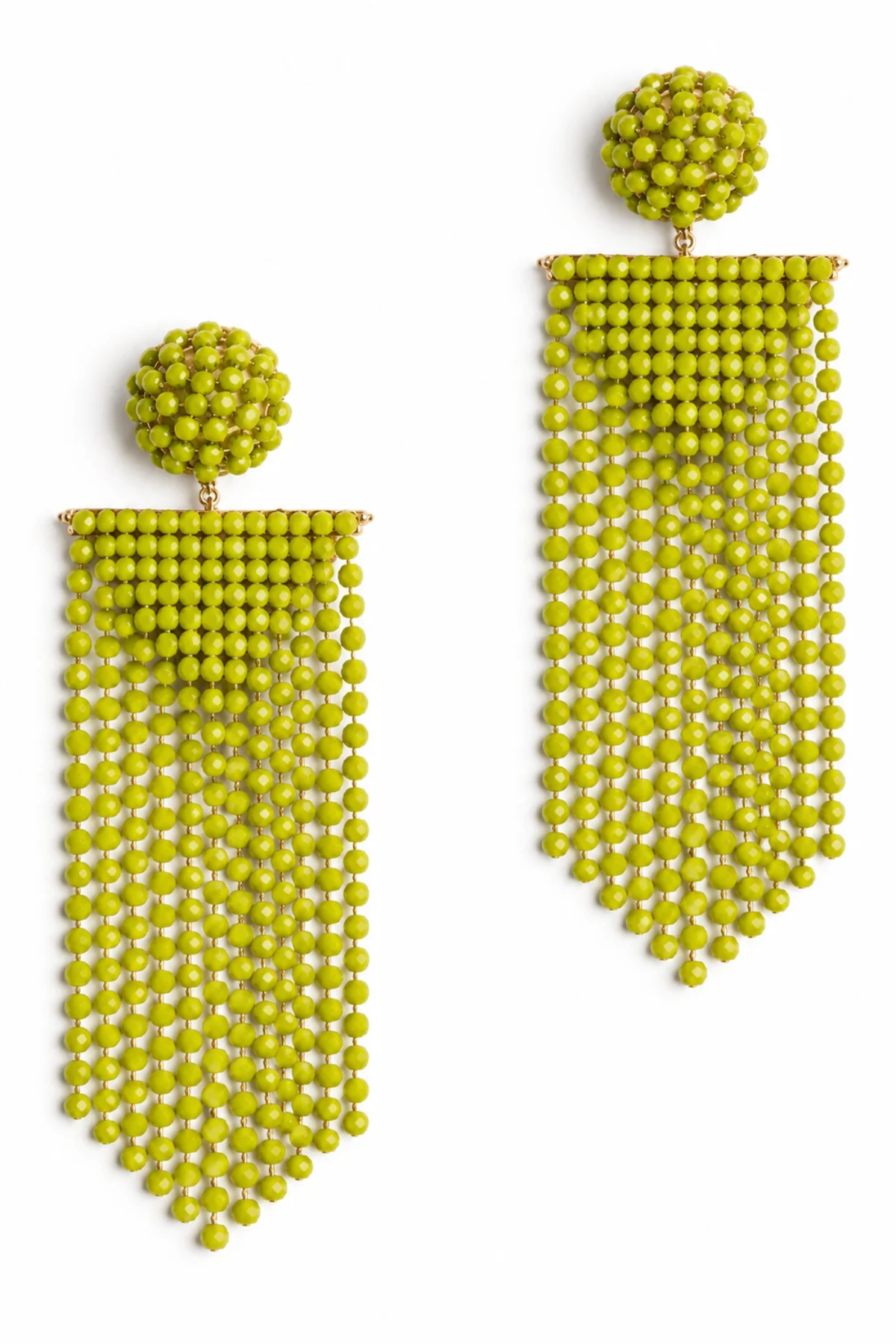 A pair of bright lime green beaded statement earrings with spherical studs and long cascading fringe, displayed on a clean white background.