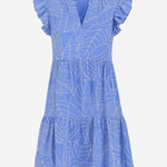 Women's light blue embroidered dress featuring ruffle details, short sleeves, and a flowing feminine silhouette.