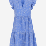 Women's light blue embroidered dress featuring ruffle details, short sleeves, and a flowing feminine silhouette.