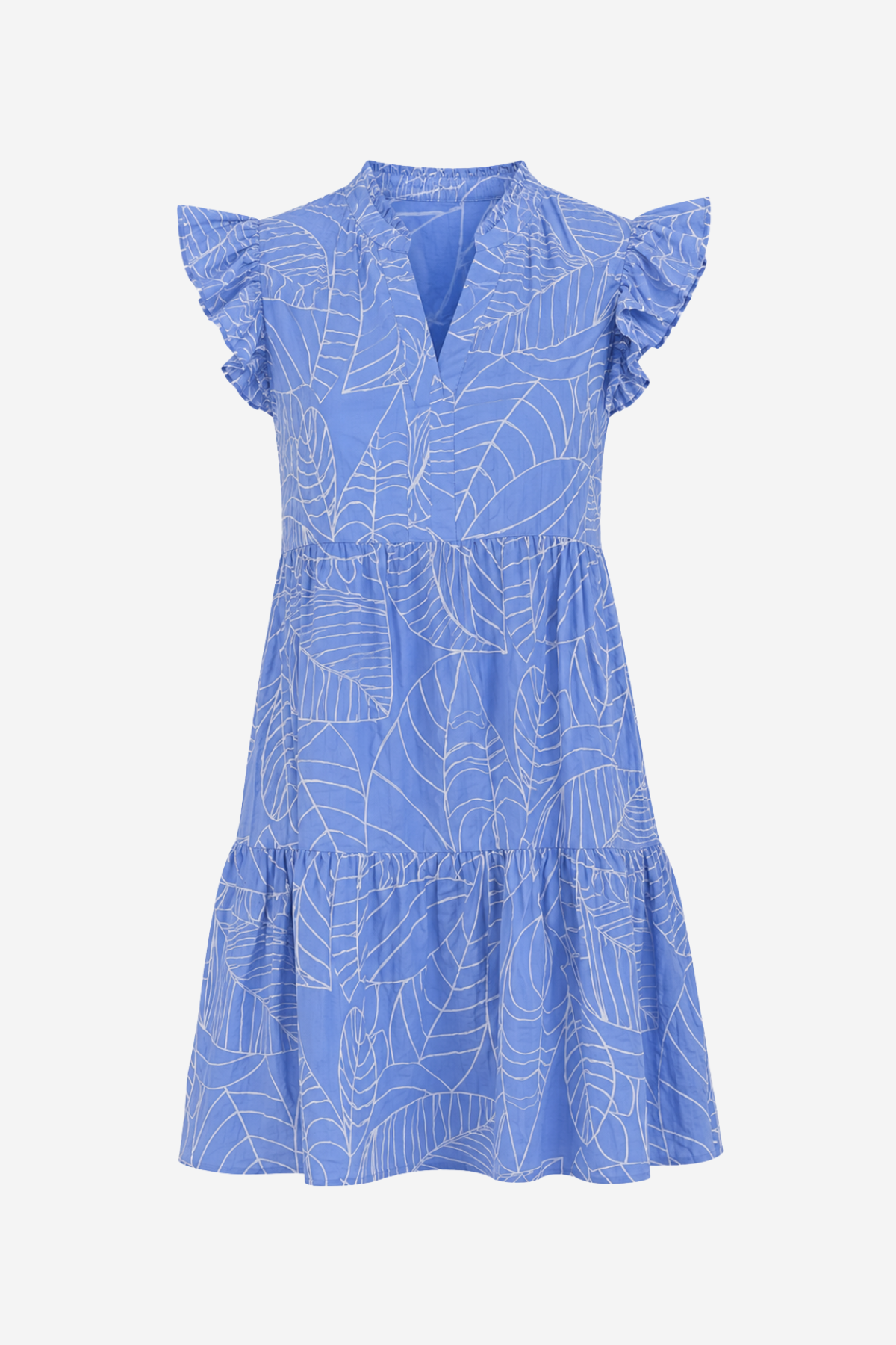 Women's light blue embroidered dress featuring ruffle details, short sleeves, and a flowing feminine silhouette.