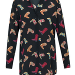 Black shirt with colorful cowboy boot pattern on a white background