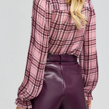 Women's plaid blouse featuring long sleeves, a relaxed silhouette, and multicolor pattern.