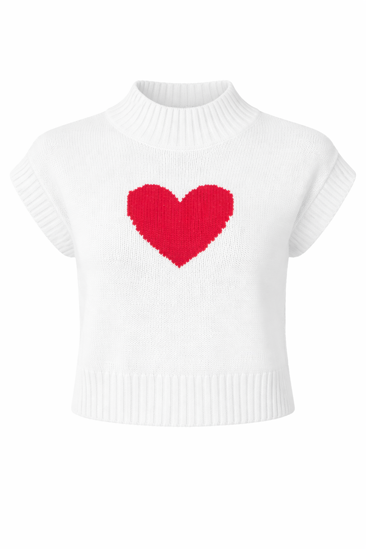 White sleeveless sweater with a red heart design on a white background