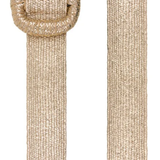 A woven natural-fiber belt in a light beige or tan color, featuring a thick, rounded buckle and shown alongside a close-up of the strap texture on a white background.