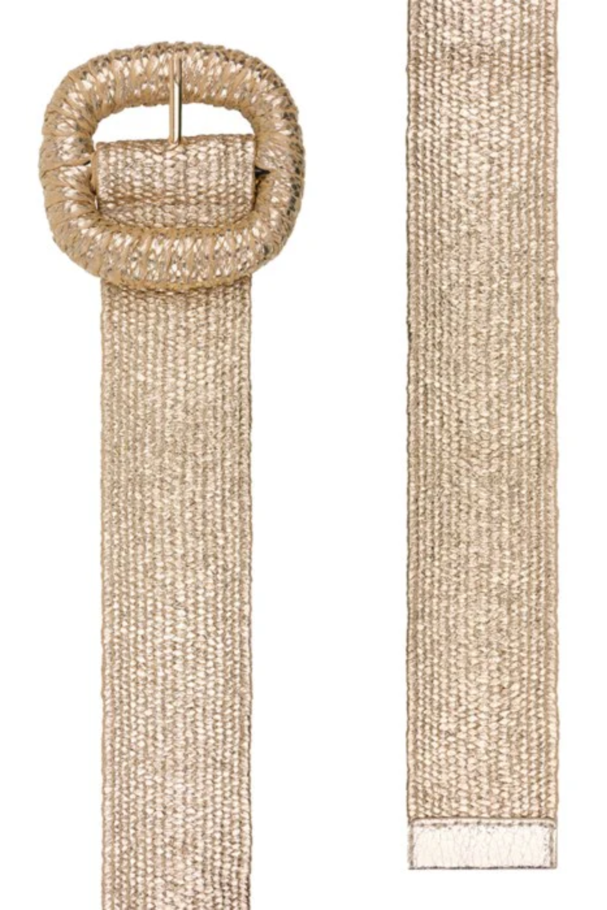A woven natural-fiber belt in a light beige or tan color, featuring a thick, rounded buckle and shown alongside a close-up of the strap texture on a white background.