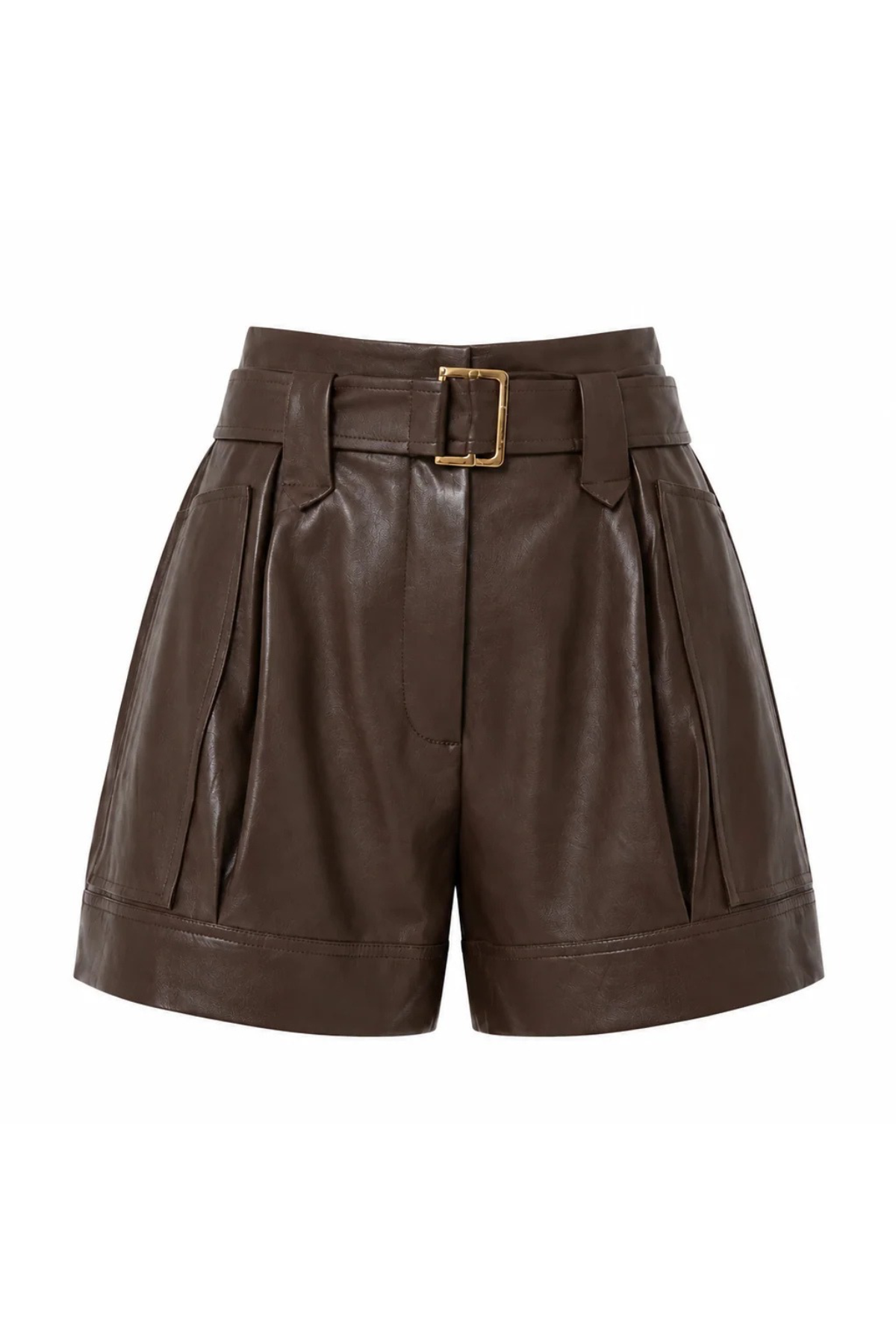 A pair of high-waisted brown faux-leather shorts with pleated side details, a matching belt, and a gold-tone buckle, shown on a plain white background.