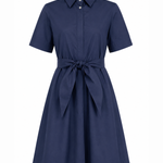 Navy blue dress with a belt on a white background