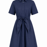 Navy blue dress with a belt on a white background