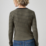 A woman viewed from the back wearing a long-sleeve ribbed knit top with horizontal olive green and black stripes, paired with blue jeans, against a light gray studio background.