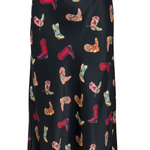 Black skirt with colorful cowboy boot pattern on a white background