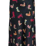 Black skirt with colorful cowboy boot pattern on a white background