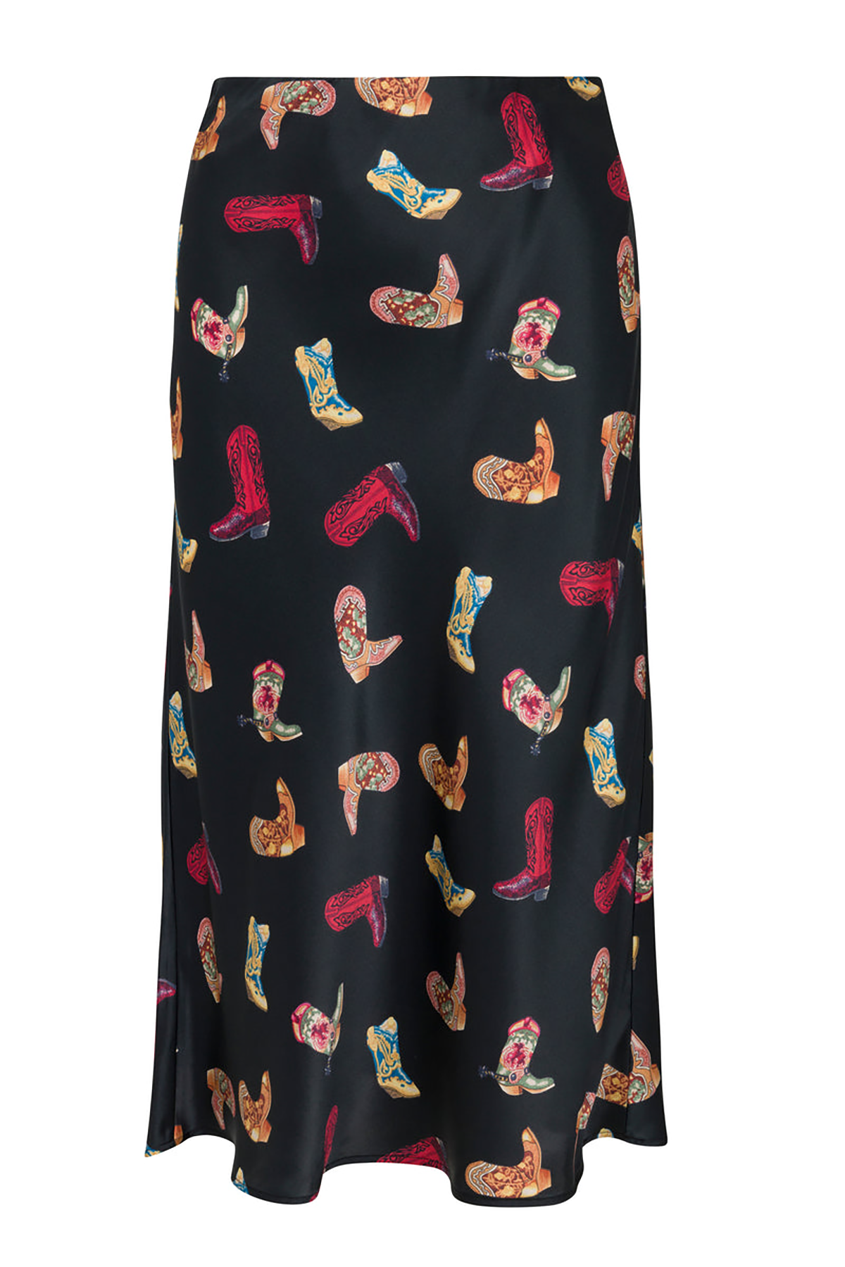 Black skirt with colorful cowboy boot pattern on a white background