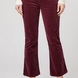 Women's pinot cropped bootcut jeans featuring a rich burgundy hue and flattering silhouette.