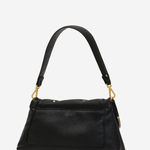 A black pebbled leather shoulder bag with gold-tone hardware and a matching black leather strap, shown against a plain white background.