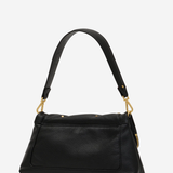 A black pebbled leather shoulder bag with gold-tone hardware and a matching black leather strap, shown against a plain white background.