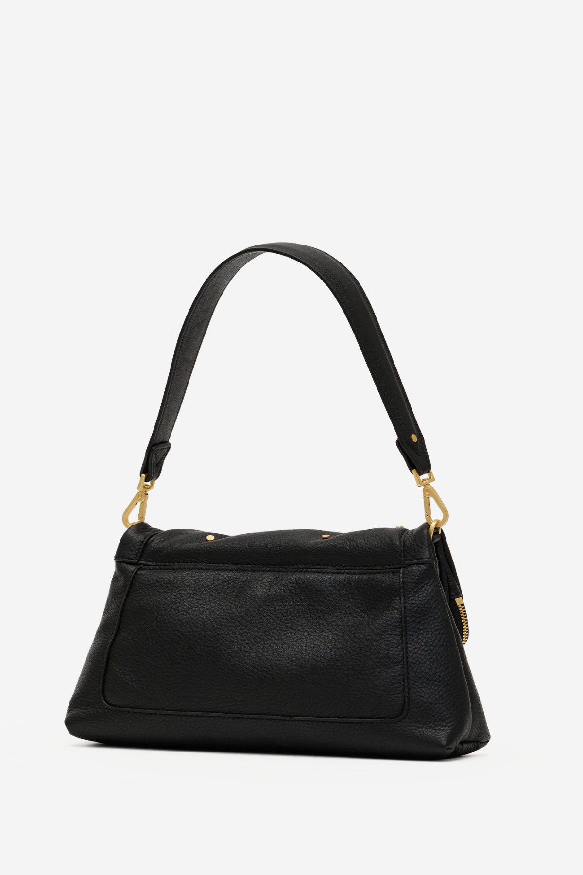 A black pebbled leather shoulder bag with gold-tone hardware and a matching black leather strap, shown against a plain white background.
