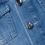 Close-up of blue denim fabric with buttons