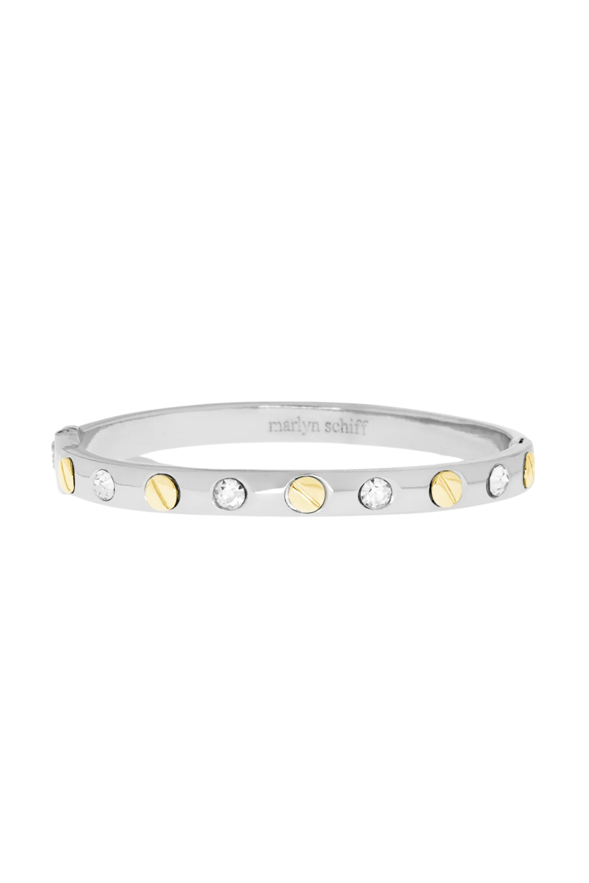 Silver bracelet with gold and white stones on a white background