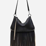 A black leather fringe shoulder bag with a single strap and silver-tone hardware, shown against a plain light gray background.