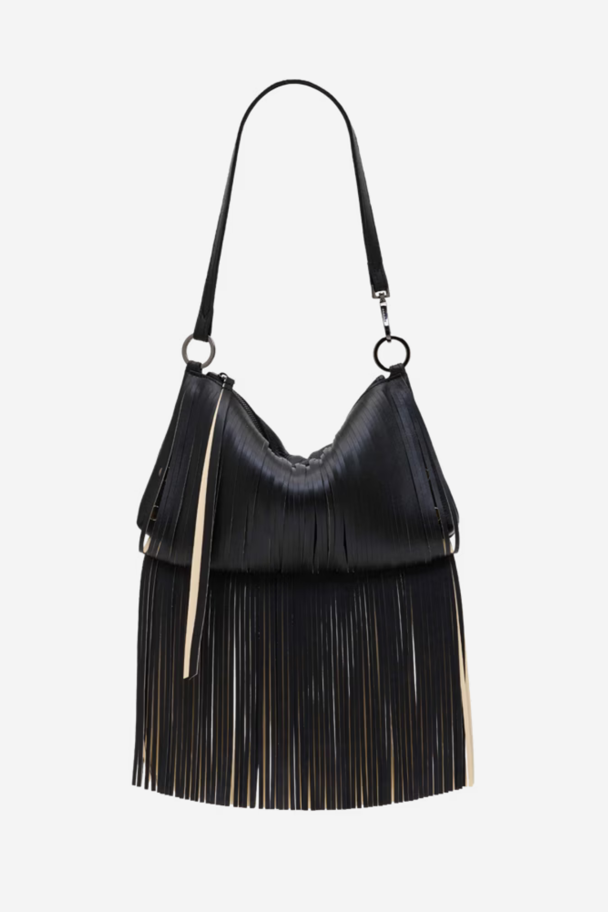 A black leather fringe shoulder bag with a single strap and silver-tone hardware, shown against a plain light gray background.