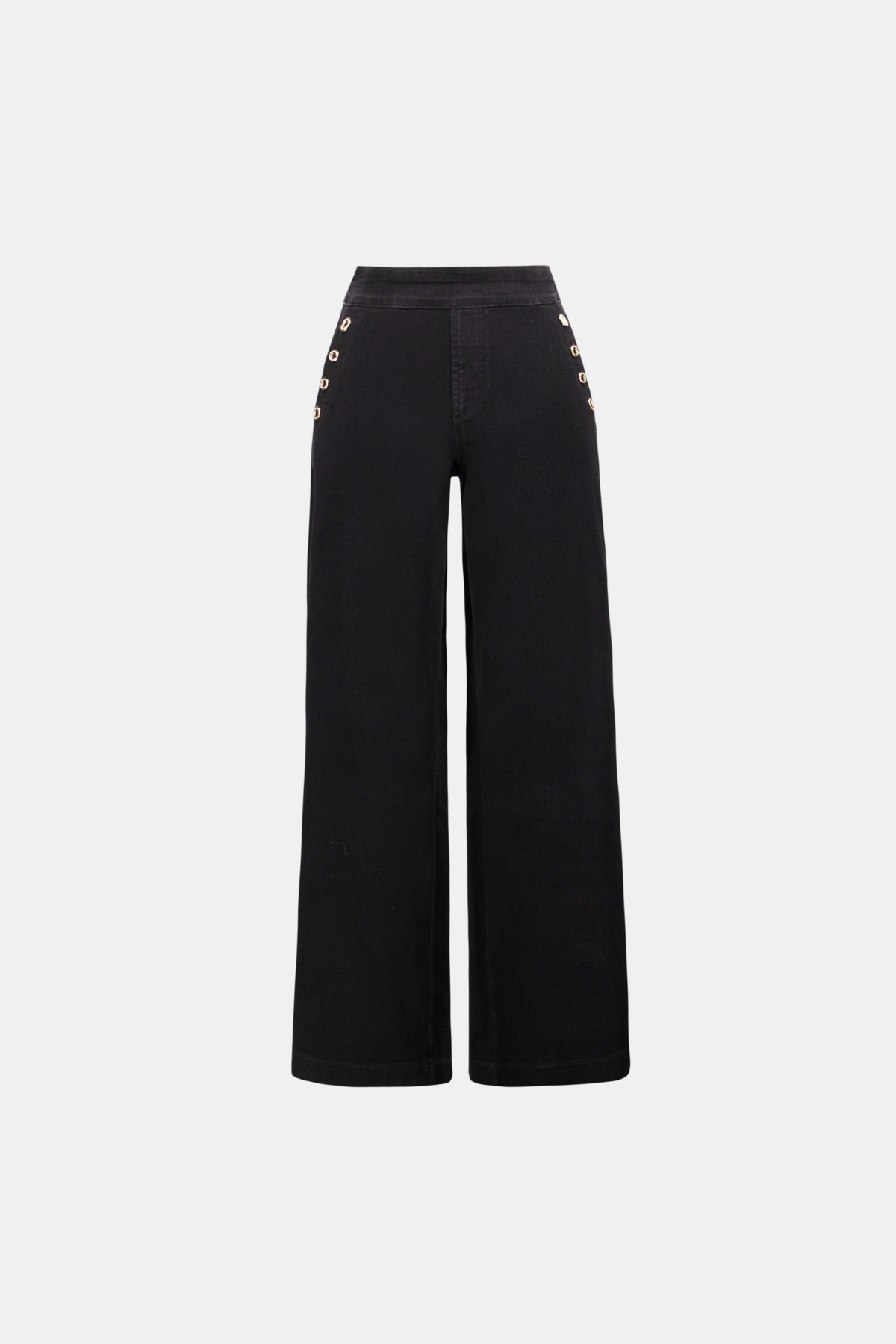 Model wearing dark-wash wide-leg jeans with sailor-inspired button detailing at the waist.