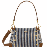 Striped handbag with brown accents on a white background