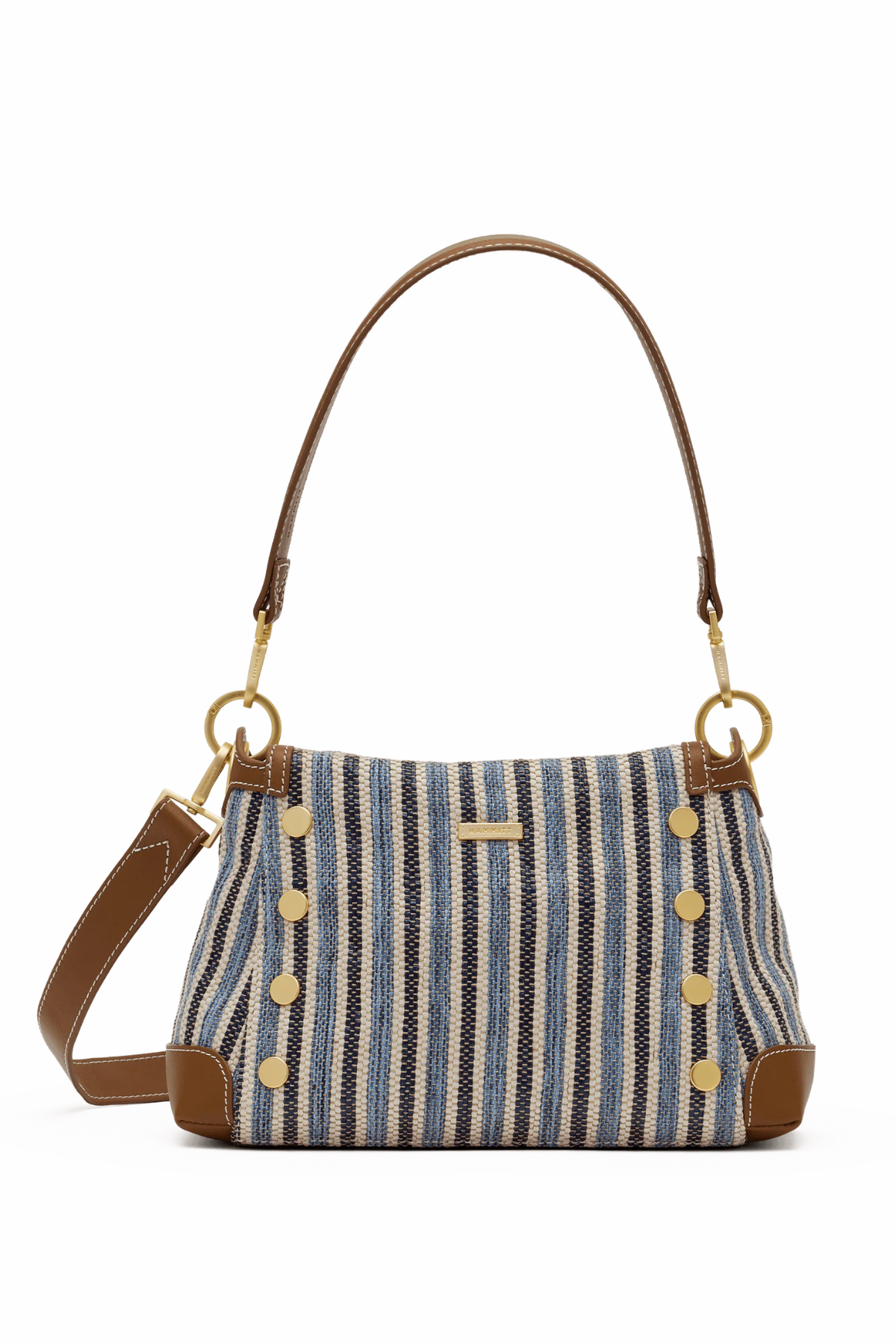 Striped handbag with brown accents on a white background