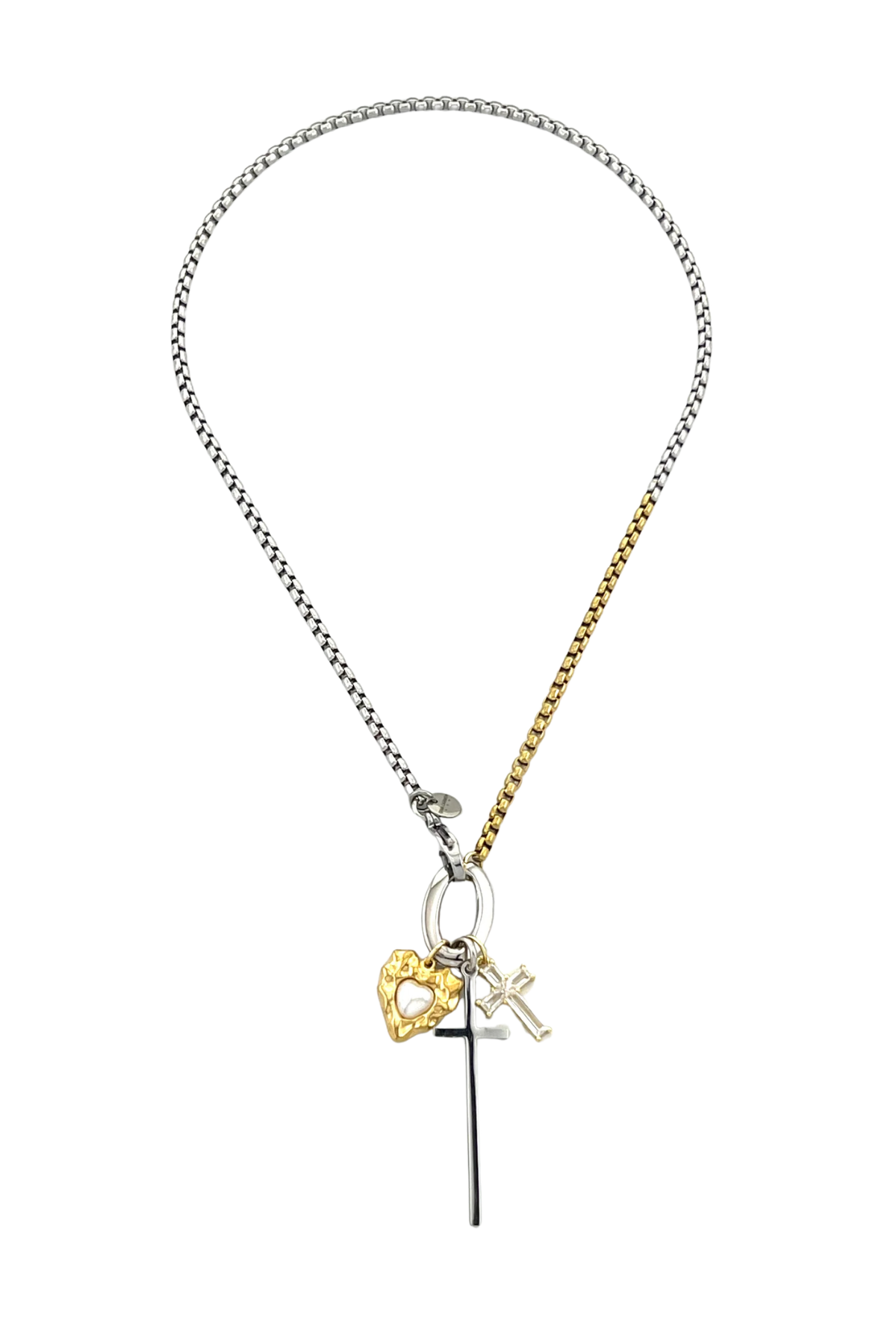 Necklace with heart, cross, and arrow pendant on a white background