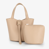 tan mini tote with pouch on white background 