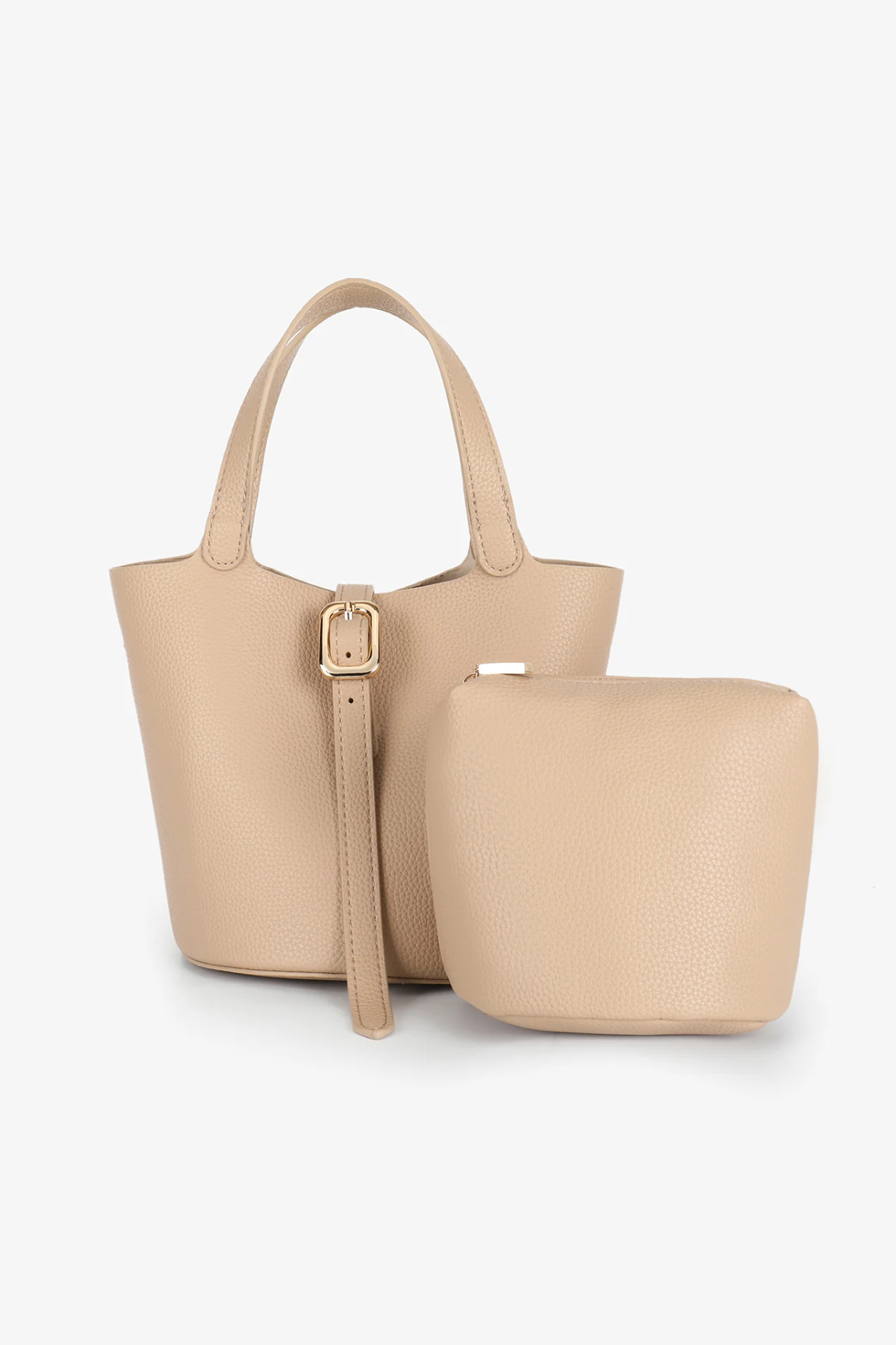 tan mini tote with pouch on white background 