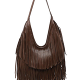 A dark brown leather shoulder bag with multiple layers of long fringe and a single shoulder strap, shown against a plain white background.