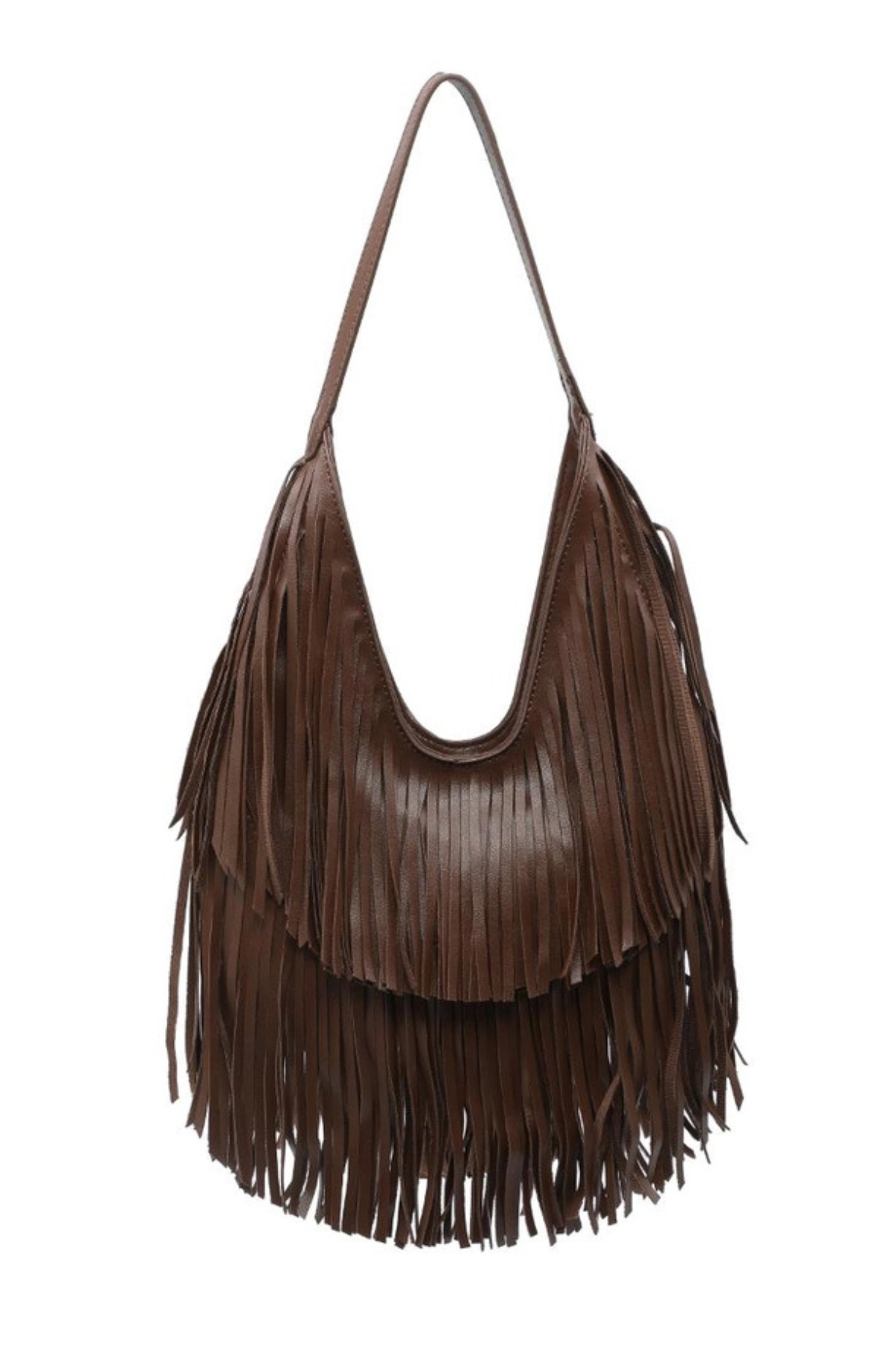 A dark brown leather shoulder bag with multiple layers of long fringe and a single shoulder strap, shown against a plain white background.