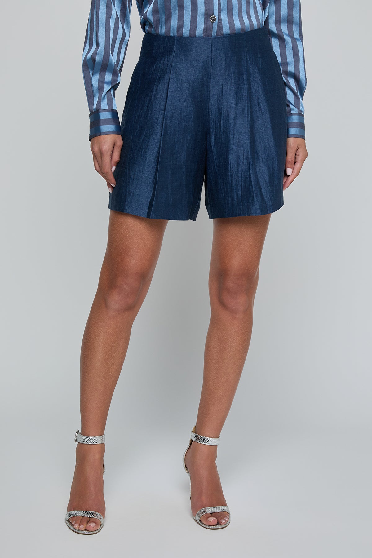 Person wearing a blue pleated skirt and striped shirt on a plain background