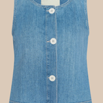 Blue denim vest with buttons on a beige background, featuring the brand 'L'Agence'.